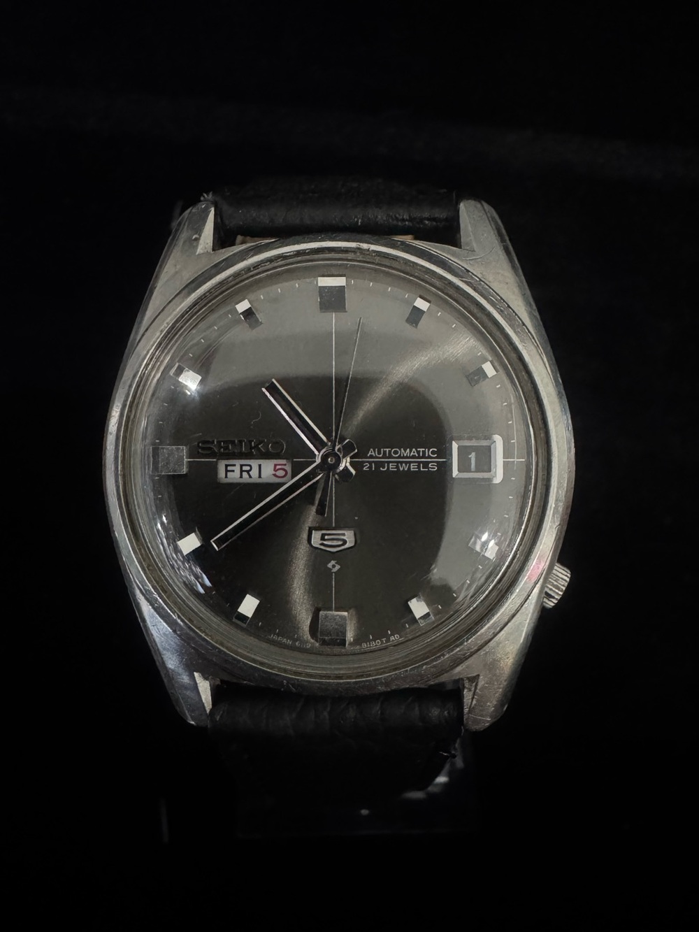 Seiko Black and Silver Automatic Watch with Day-Date